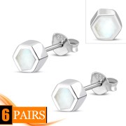  Tiny Mother of Pearl Hexagon Silver Stud Earrings, e372